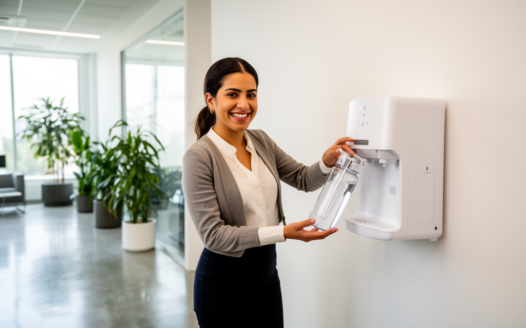 Dispensador de agua purificada de pared en recepción de oficina moderna